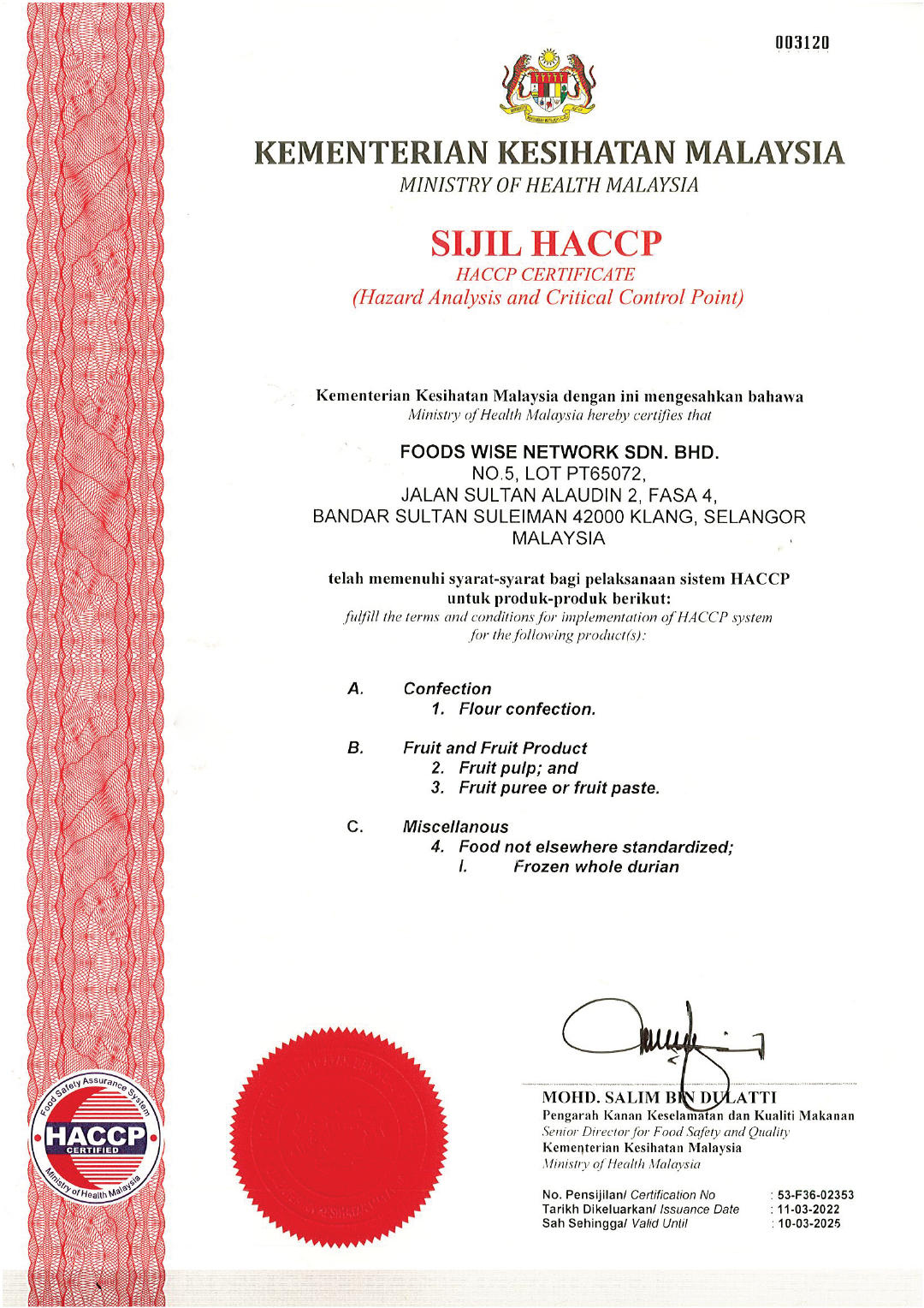 Durian HACCP Certificate